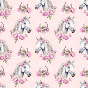 white watercolor horse with peonies blush medium scale, horse wallpaper