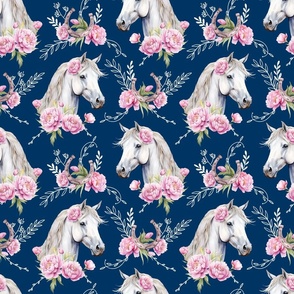 white watercolor horse with peonies navy medium scale, horse wallpaper