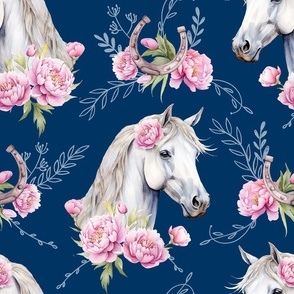 white watercolor horse with peonies navy large scale, horse wallpaper