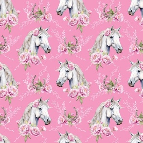 white watercolor horse with peonies pink medium scale, horse wallpaper