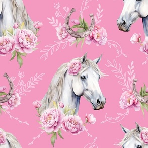 white watercolor horse with peonies pink large scale, horse wallpaper