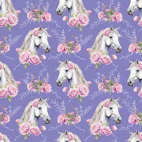 white watercolor horse with peonies purple medium scale, horse wallpaper