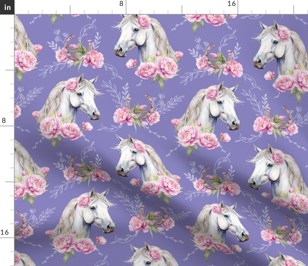 white watercolor horse with peonies purple medium scale, horse wallpaper