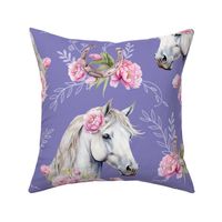 white watercolor horse with peonies purple large scale, horse wallpaper