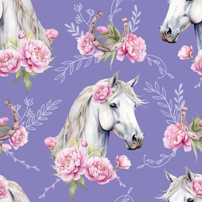 white watercolor horse with peonies purple large scale, horse wallpaper