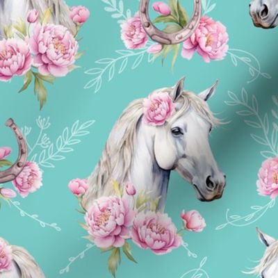 white watercolor horse with peonies turquoise medium scale, horse wallpaper