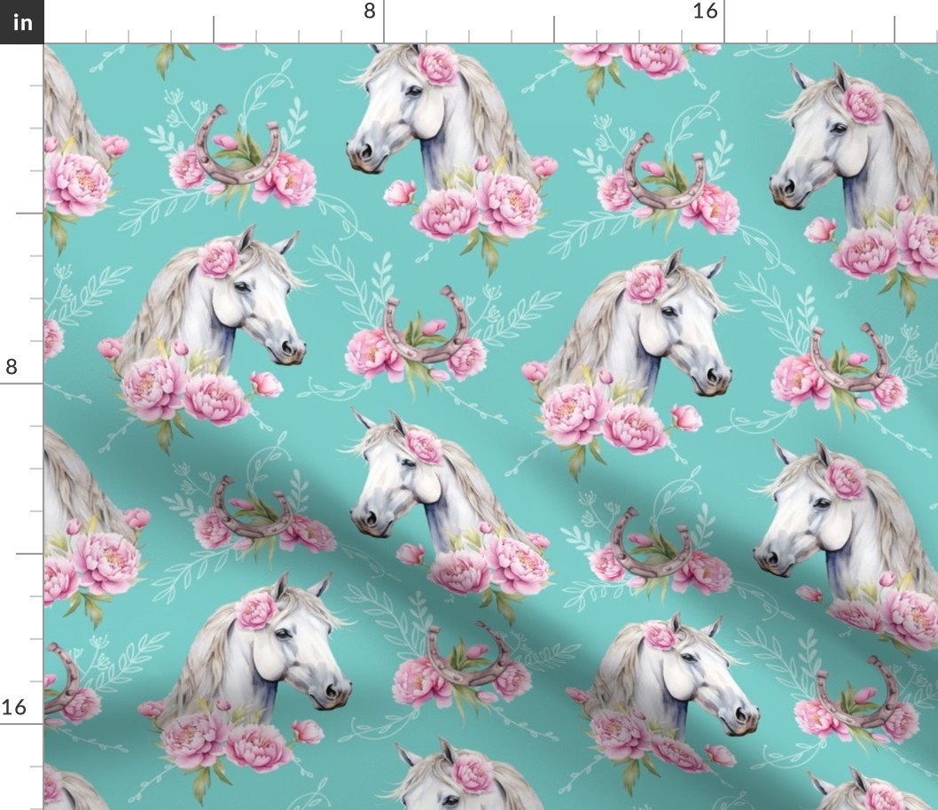 white watercolor horse with peonies turquoise medium scale, horse wallpaper