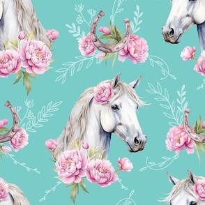 white watercolor horse with peonies turquoise large scale, horse wallpaper