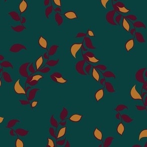 Fall Foliage in Burgundy and Orange on a Green Background