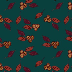 Autumn Floral. Digital Fall Leaves and Flowers in Green and Orange 