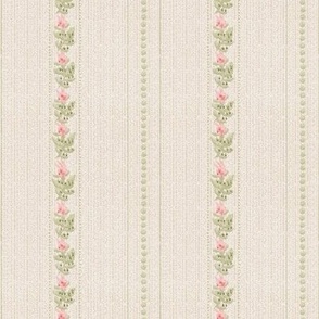 little pink roses and little green dots, pastel stripes 