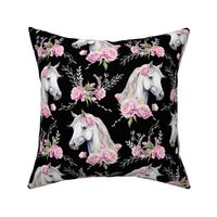 white watercolor horse with peonies black medium scale, horse wallpaper