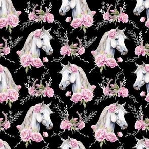 white watercolor horse with peonies black medium scale, horse wallpaper