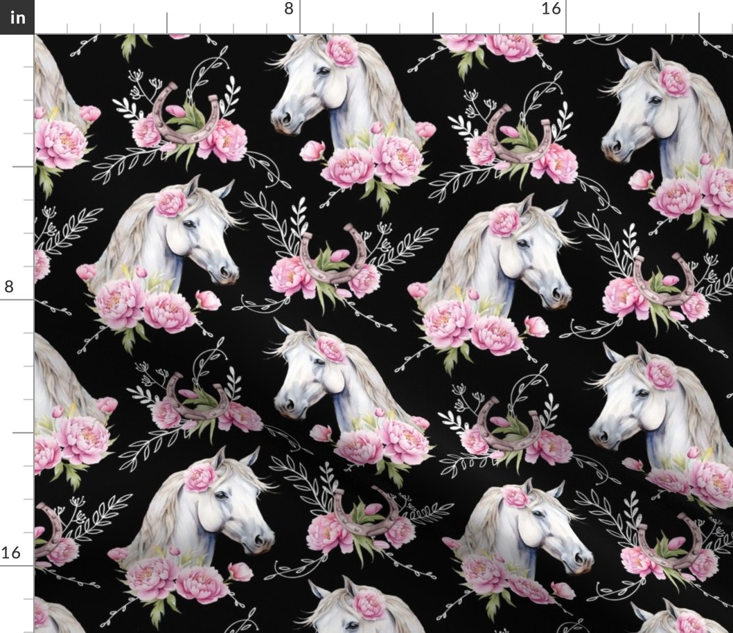 white watercolor horse with peonies black medium scale, horse wallpaper
