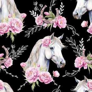 white watercolor horse with peonies black large scale, horse wallpaper