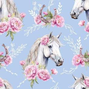 white watercolor horse with peonies vintage blue large scale, horse wallpaper