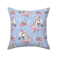 white watercolor horse with peonies vintage blue medium scale, horse wallpaper