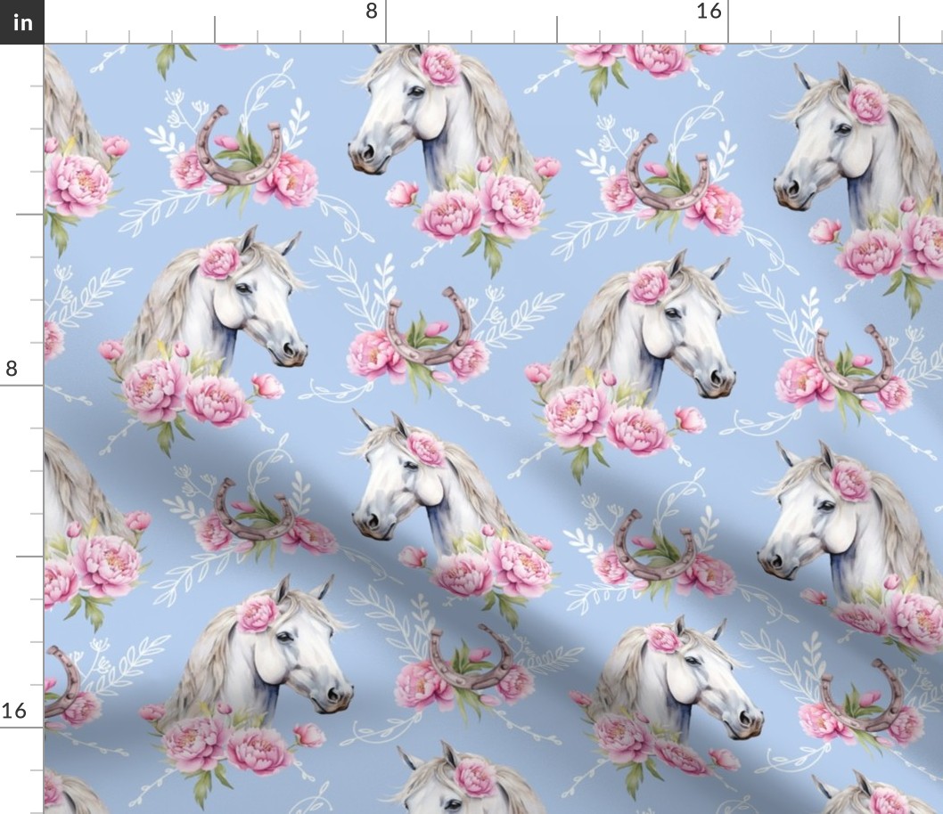 white watercolor horse with peonies vintage blue medium scale, horse wallpaper