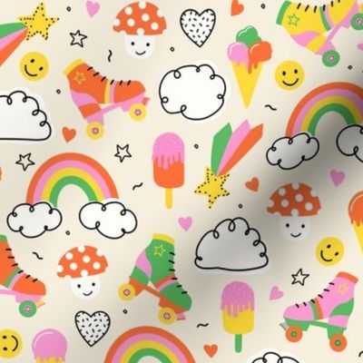 Happy 90s V1: Retro Colorful Abstract Groovy Icons Ice Cream, Rainbows & Rollerskates in Green, Pink, Red and Yellow  - Small