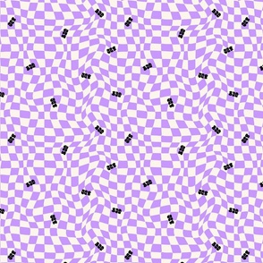 Optical twirly wavy checkerboard, boo word tossed, Halloween typography, violet purple and bone