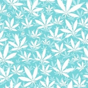 Smaller Scale Marijuana Cannabis Leaves White on Pool Blue