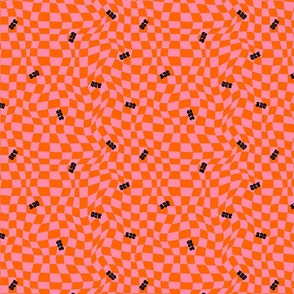 Optical twirly wavy checkerboard, boo word tossed, Halloween typography, orange and pink
