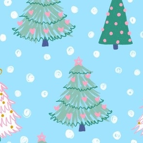 Pink and green Christmas trees snowing on blue background, hand drawn artwork