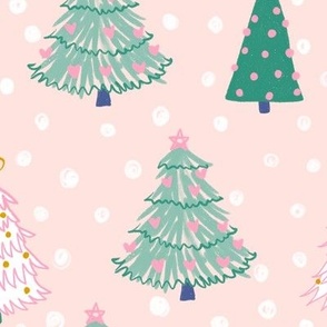 Pink and green Christmas trees snowing on pink background, hand drawn artwork