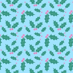 Pink and green holly on blue background, hand drawn artwork