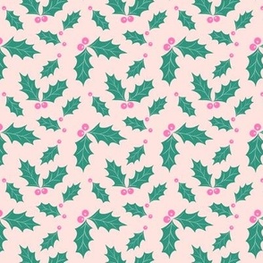 Pink and green holly on pink background, hand drawn artwork