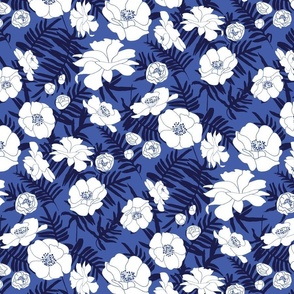 Camellias Ferns Deep Navy on French Blue 450