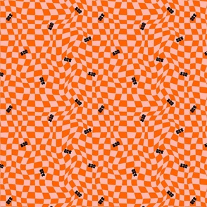 Optical wavy checkerboard, boo word tossed, Halloween typography, orange