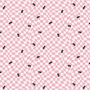 Optical twirly wavy checkerboard, boo word tossed, Halloween typography, pink