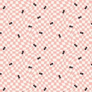 Optical twirly wavy checkerboard, boo word tossed, Halloween typography, pale blush pink
