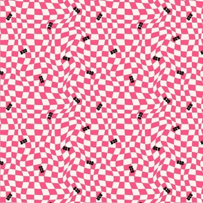 Optical twirly wavy checkerboard, boo word tossed, Halloween typography, bright pink