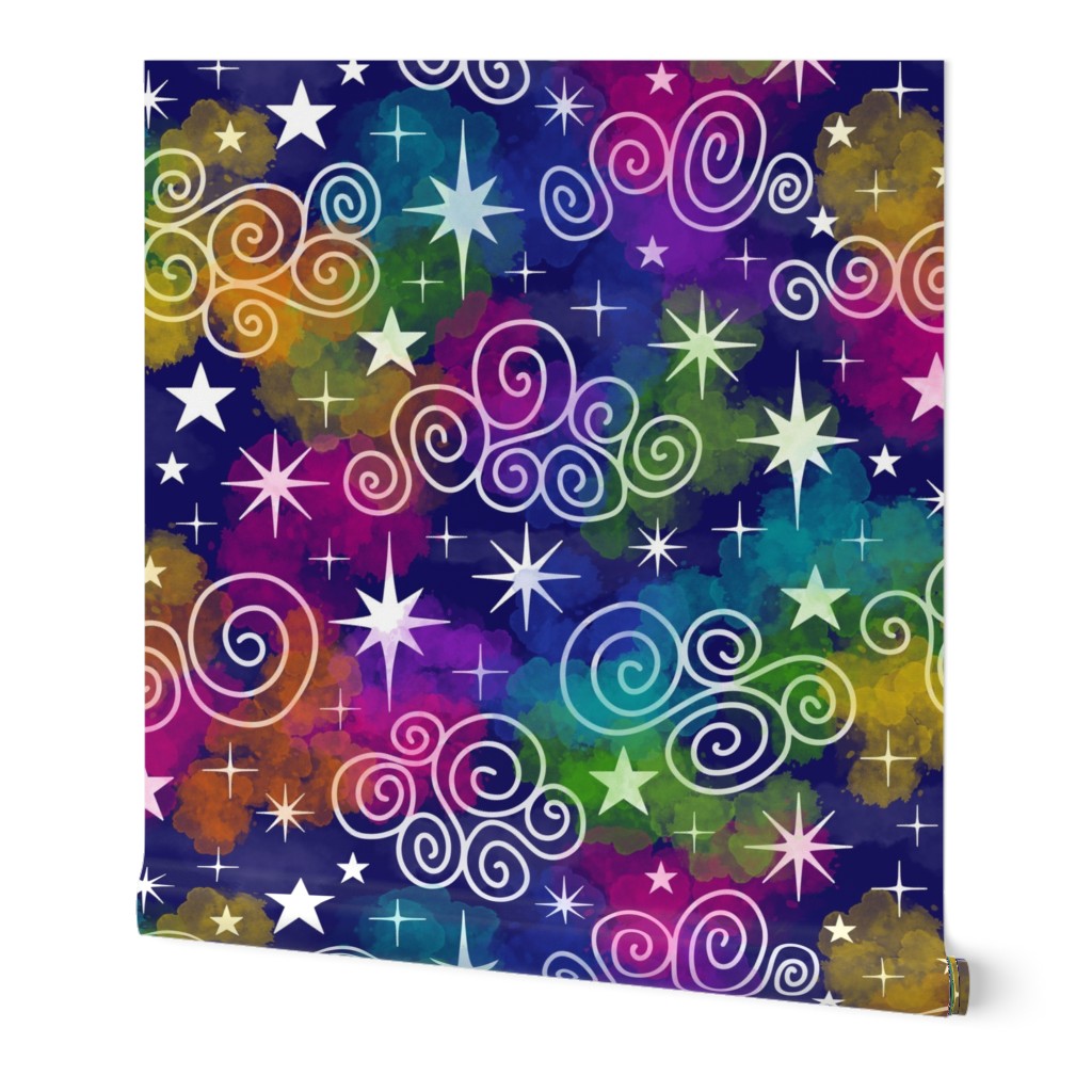 M - Rainbow Blue Stars & Clouds - Multicolor Twinkle Twinkle Rainbow Sky