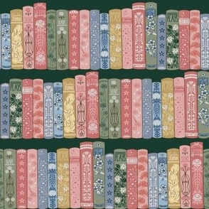 MEDIUM Librarian Shelves fabric  dark green- art decor floral books_ bibliophile wallpaper 8in