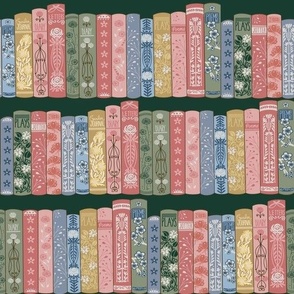 LARGE Librarian Shelves fabric  dark green- art decor floral books_ bibliophile wallpaper 10in