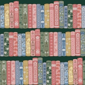 XLARGE Librarian Shelves fabric  dark green- art decor floral books_ bibliophile wallpaper 12in