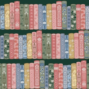 JUMBO Librarian Shelves fabric  dark green- art decor floral books_ bibliophile wallpaper