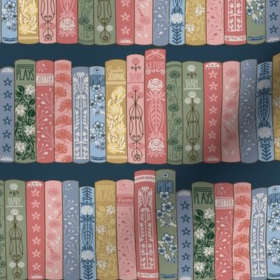 LARGE Librarian Shelves fabric dark navy- art decor floral books_ bibliophile wallpaper 10in