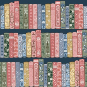 JUMBO Librarian Shelves fabric dark navy- art decor floral books_ bibliophile wallpaper