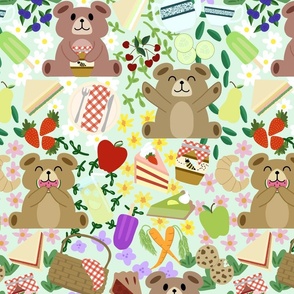 Teddy Picnic - Teddy Bears with Fruit, Veggies, and Sweet Treats Pattern for Kids