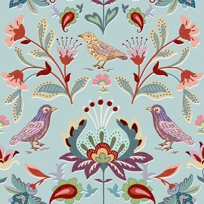  vintage inspired floral multicolor with birds on sky blue
