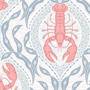 2 directional - Lobster and Seaweed Nautical Damask - white coral pink blue grey - large scale