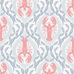 2 directional - Lobster and Seaweed Nautical Damask - white coral pink grey blue - medium scale
