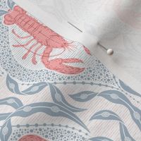 2 directional - Lobster and Seaweed Nautical Damask - white coral pink grey blue - small scale