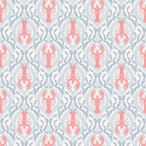 2 directional - Lobster and Seaweed Nautical Damask - white coral pink grey blue - small scale