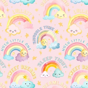 Sweet Dreams Lullaby Kawaii Rainbow And Cloud Whimsical Kids Pattern With Text On Pink