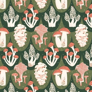 Woodland Mushrooms with Lady Bugs and Snails - Coral Orange and White on Olive Green Scallops